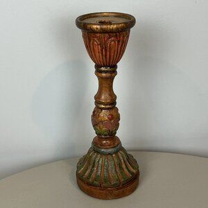 Carved Candle Holder Colorful Wood Slight Gold Tones 12”